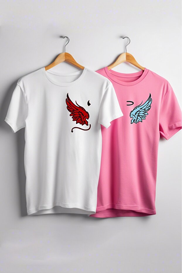 Devil and Angel Printed Oversize White and Pink Lover Combination