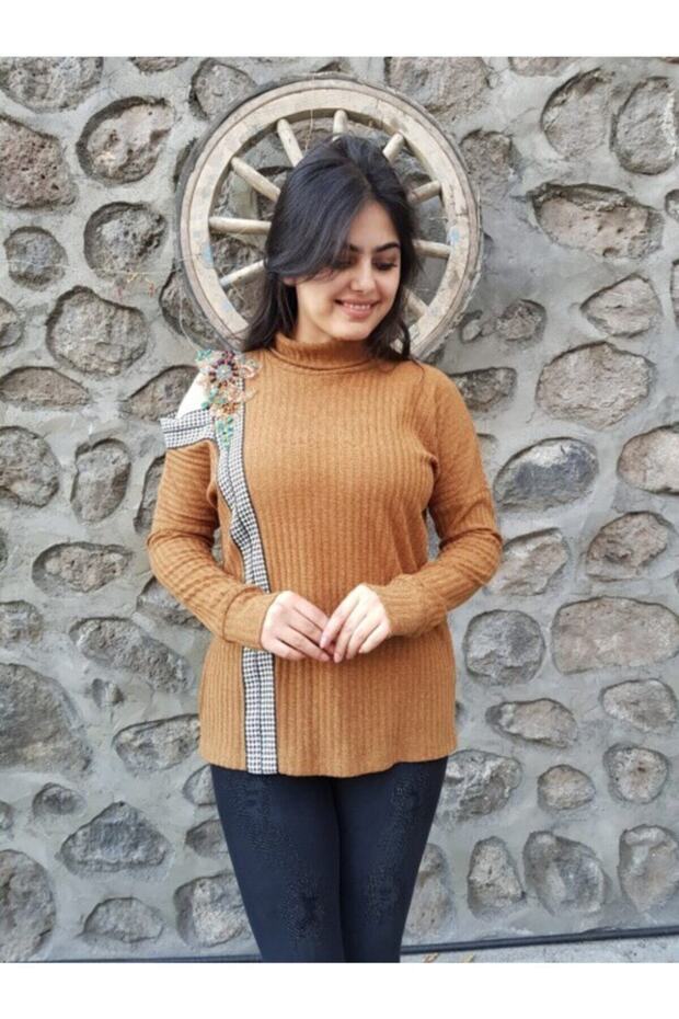 Women's Tan Open Shoulder Stoned Steel Knit Sweater