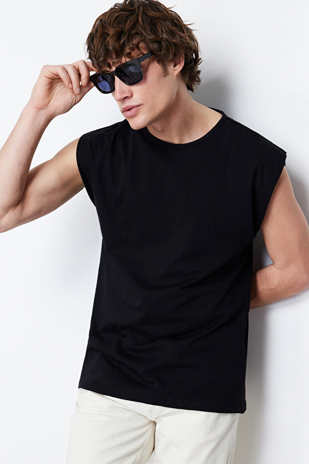 Siyah Basic Regular/Normal Kesim %100 Pamuk Kolsuz Atlet/T-Shirt TMNSS20AL0067 - 1