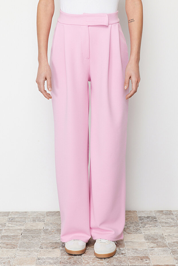 Pembe Cırt Cırt Kapamalı Yüksek Bel Pileli Wide Leg/Geniş Kesim Örme Pantolon TWOAW24PL00177 - 1