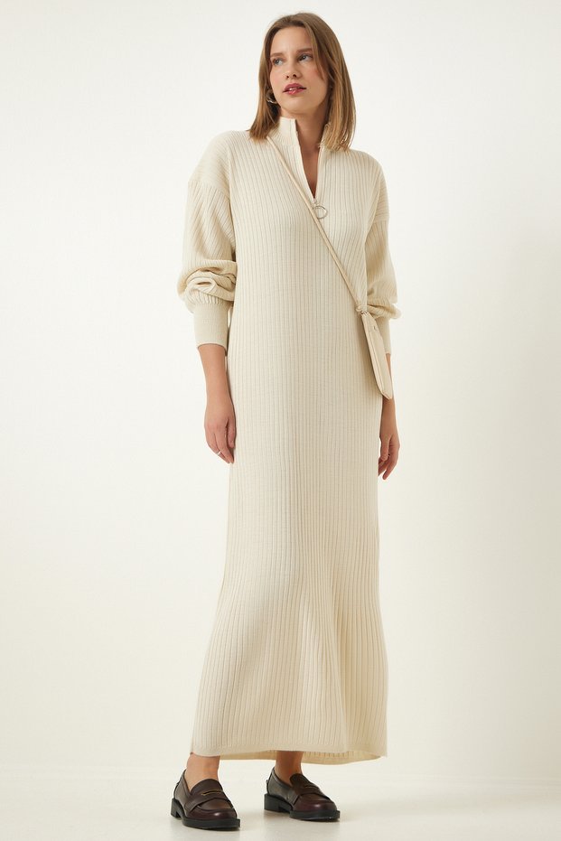 Women's Cream Zippered Collar Ribbed Long Knitwear Dress DD01295