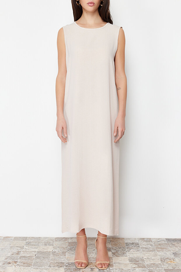 Taş Renk Bloklu Aerobin Ferace/Abaya & Elbise 2'li Dokuma Takım TCTSS24US00033 - 6