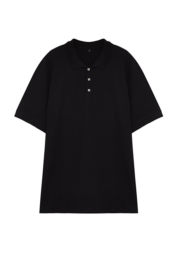 Büyük Beden Siyah Regular/Normal Kesim Basic %100 Pamuklu Polo Yaka T-shirt TMNSS24BF00000 - 14
