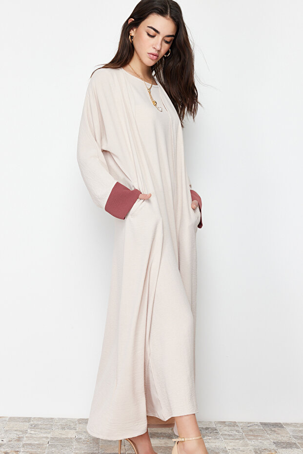Taş Renk Bloklu Aerobin Ferace/Abaya & Elbise 2'li Dokuma Takım TCTSS24US00033 - 3