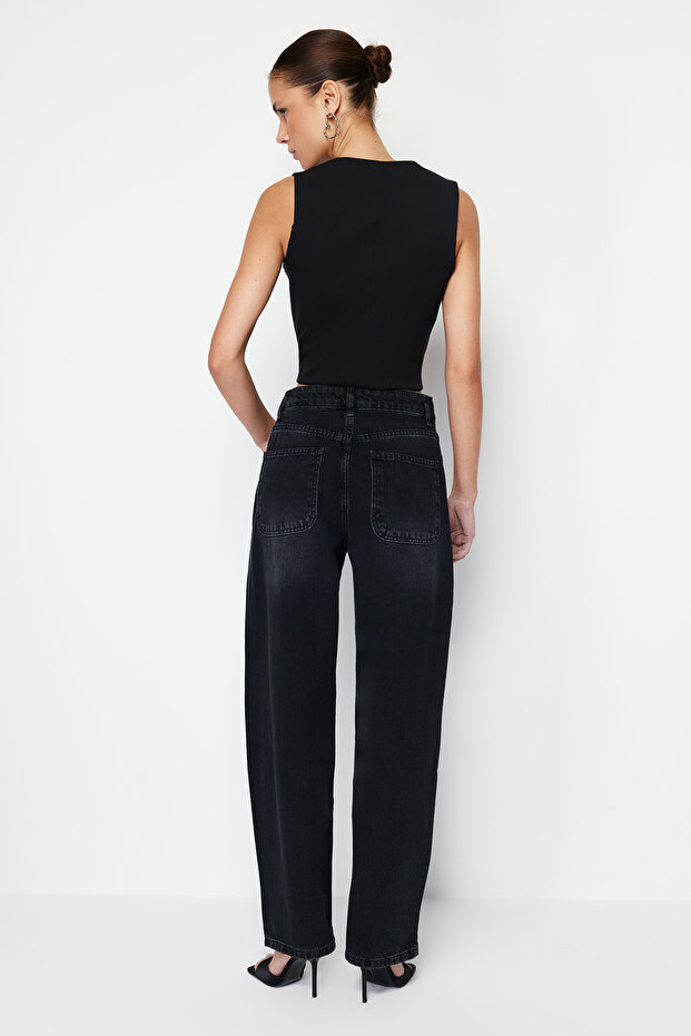 Siyah Düşük Bel Loose Baggy %100 Pamuk Non-Stretch Jeans TWOSS24JE00038 - 6