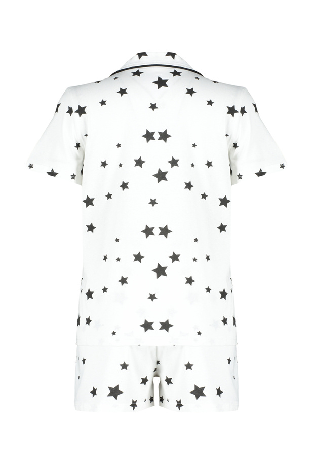 Star Patterned 100% Cotton Ecru Pajama Set - Piping, THMSS24PT00069 - 7