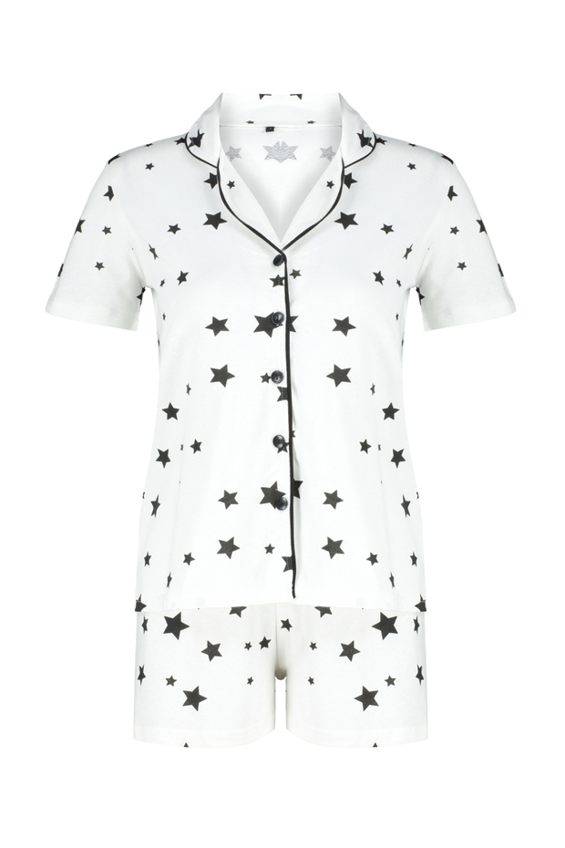 Star Patterned 100% Cotton Ecru Pajama Set - Piping, THMSS24PT00069 - 6