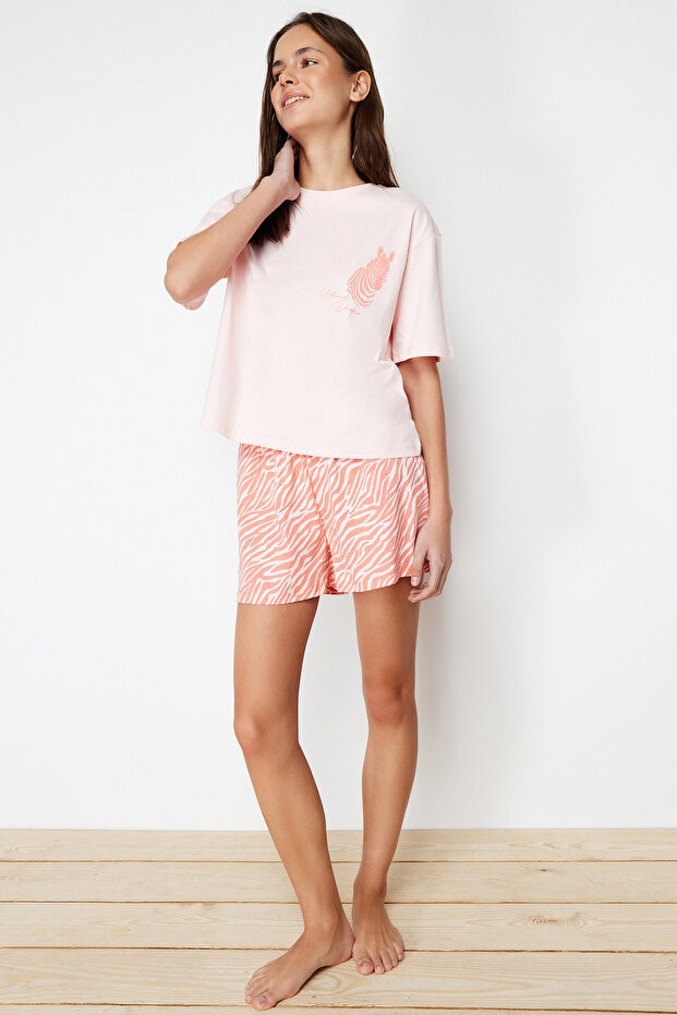 Pembe %100 Pamuklu Zebra Baskılı Şortlu Örme Pijama Takımı THMSS24PT00042 - 3