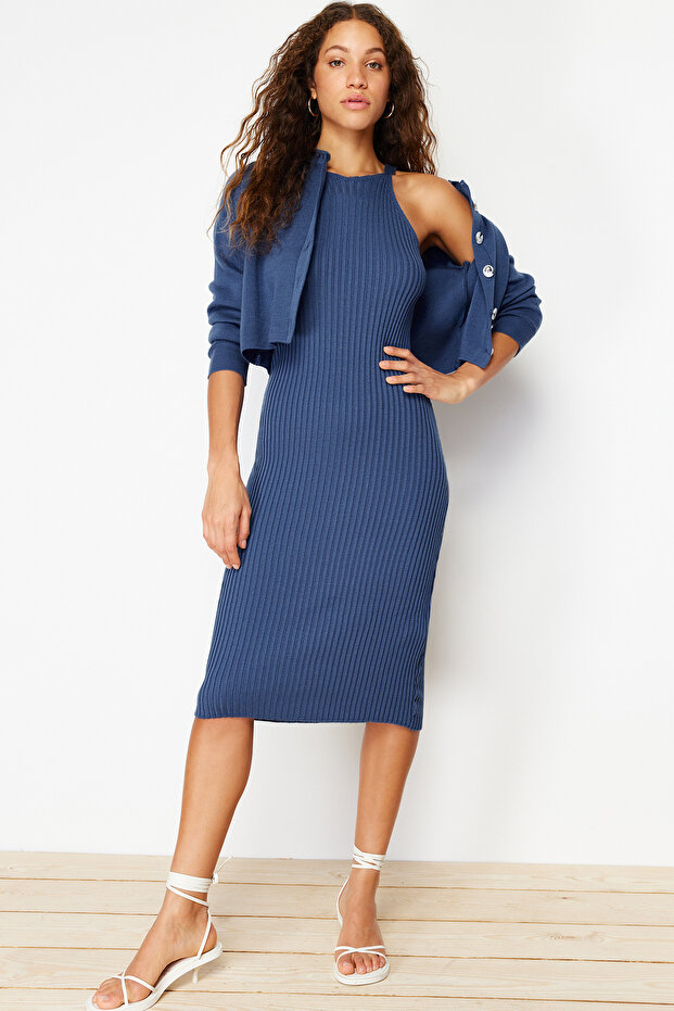 Indigo Düz Midi Triko Elbise TWOSS23EL00738 - 2