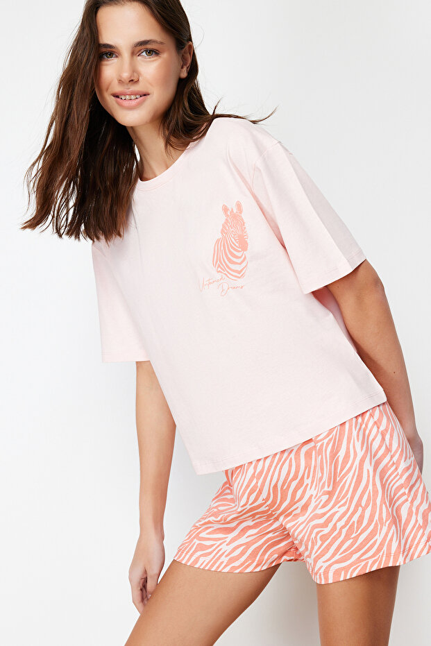 Pembe %100 Pamuklu Zebra Baskılı Şortlu Örme Pijama Takımı THMSS24PT00042 - 1