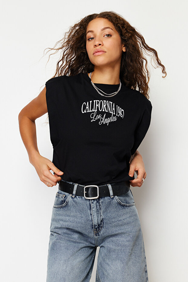 Siyah %100 Pamuk Slogan Baskılı Regular/Normal Kalıp Bisiklet Yaka Örme T-Shirt TWOSS24TS00020 - 1