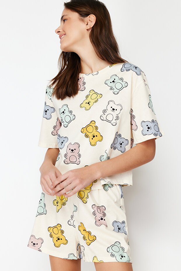 Ekru %100 Pamuklu Ayıcıklı Şortlu Örme Pijama Takımı THMSS24PT00072 - 3
