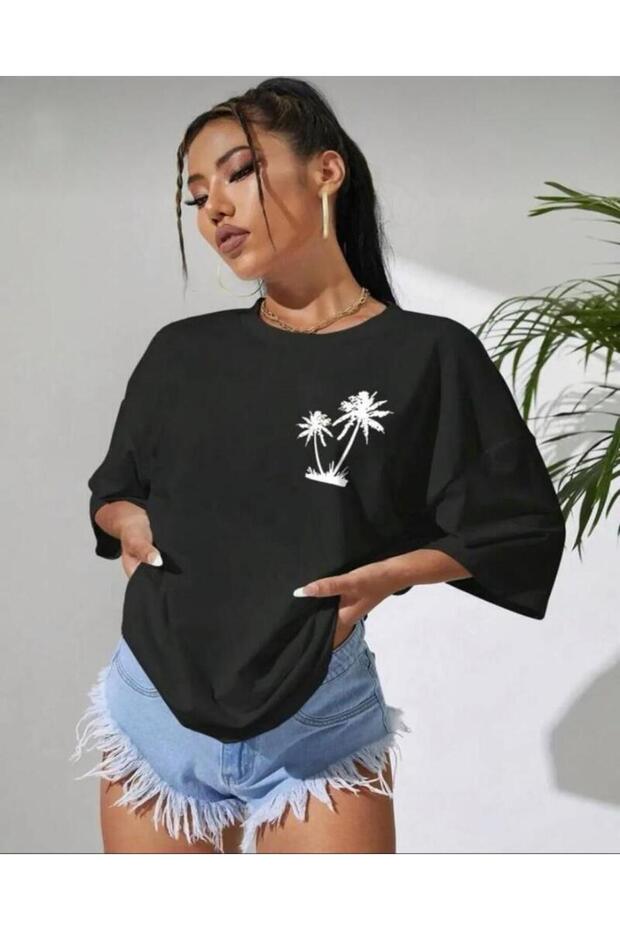 Palm Tree Printed Black Oversize T-shirt Unisex