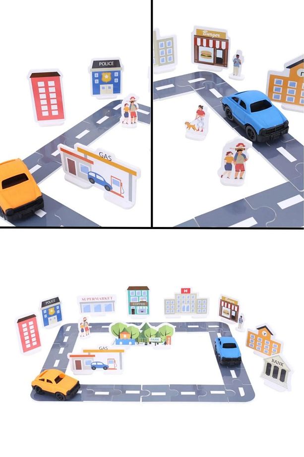 Eğitici Otoyol ve Şehir Binaları Eva Puzzle Oyun Seti 71 Parça 2 Araç Dahil - 2