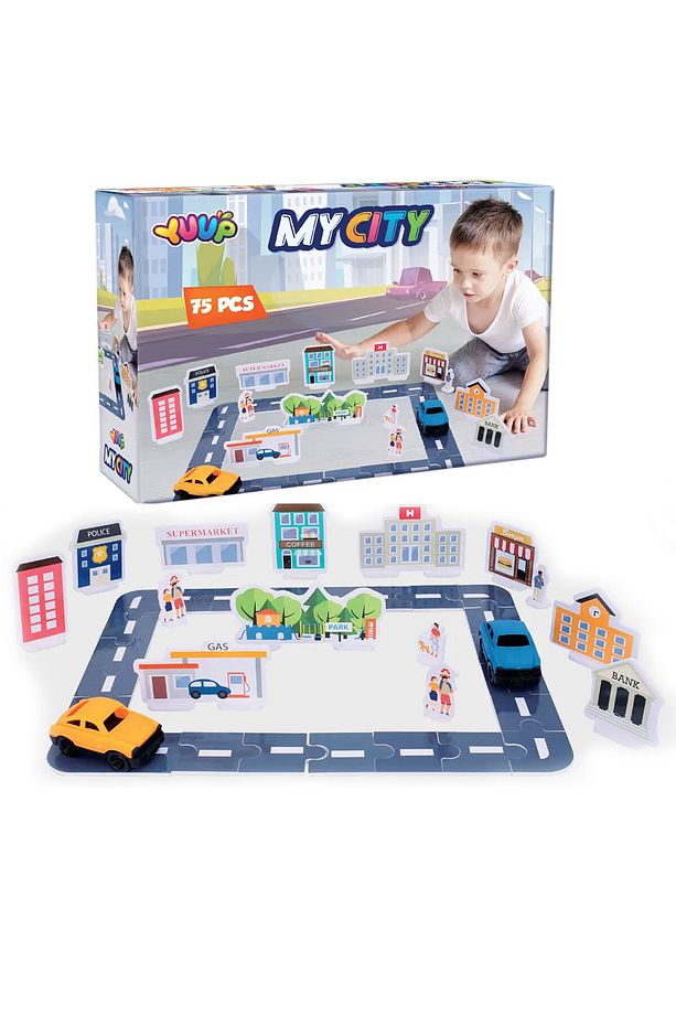 Eğitici Otoyol ve Şehir Binaları Eva Puzzle Oyun Seti 71 Parça 2 Araç Dahil - 1