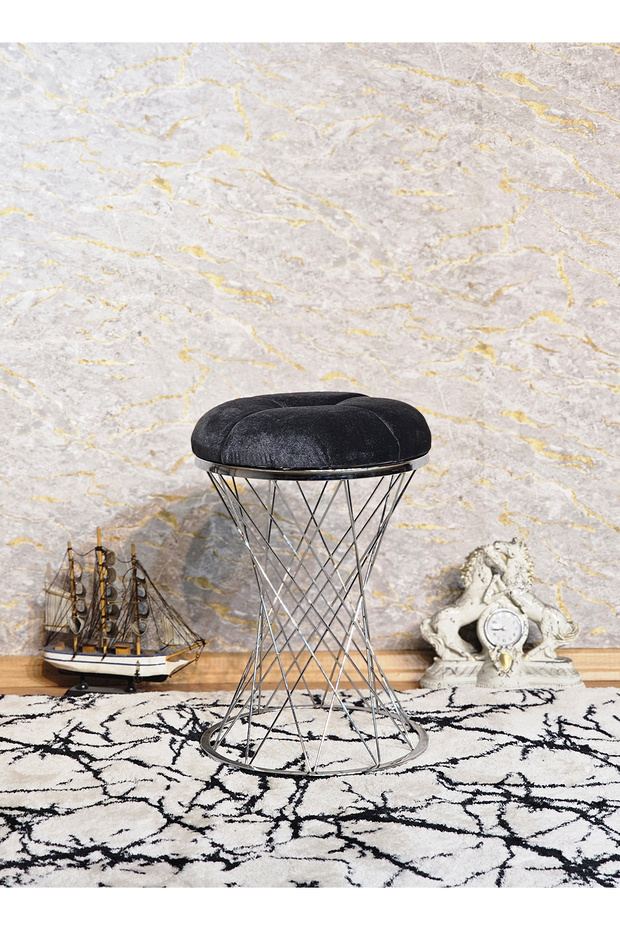 Yuvarlak Krom Kaplama Füme Krem Puf Oturak - Bench - Ayak Ucu Oturak - Tabure - Makyaj Oturak - 5