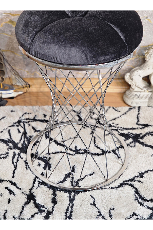 Yuvarlak Krom Kaplama Füme Krem Puf Oturak - Bench - Ayak Ucu Oturak - Tabure - Makyaj Oturak - 3