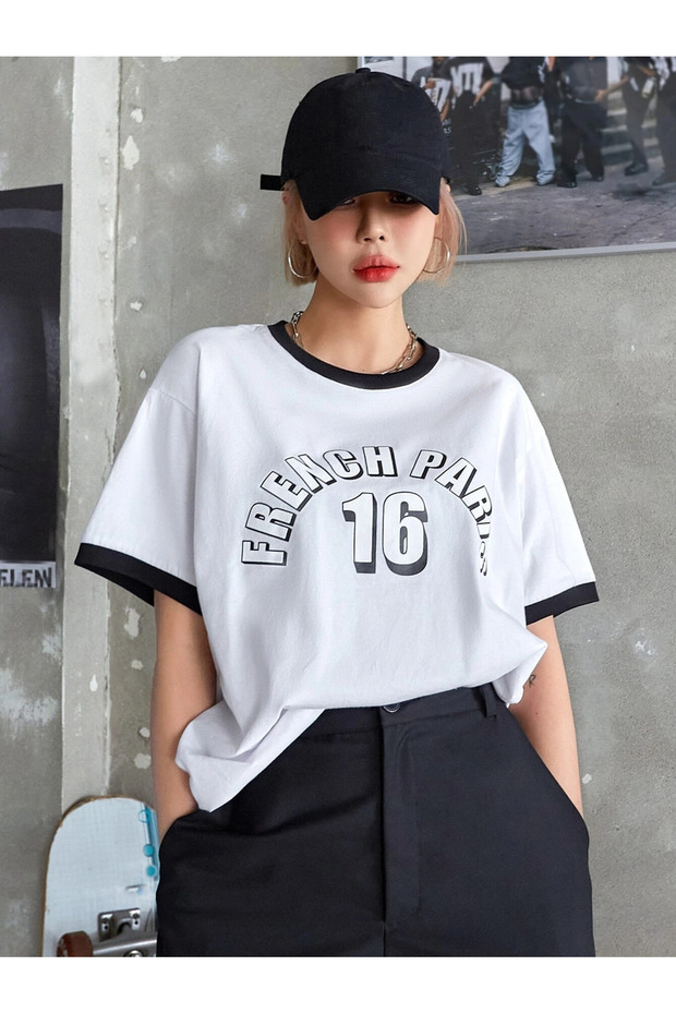 Black Rebana Detailed French Printed White Oversize T-Shirt