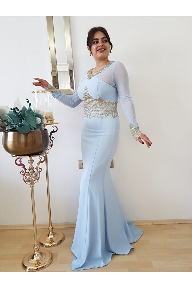 Women's Baby Blue Embroidered Fish Evening Dress