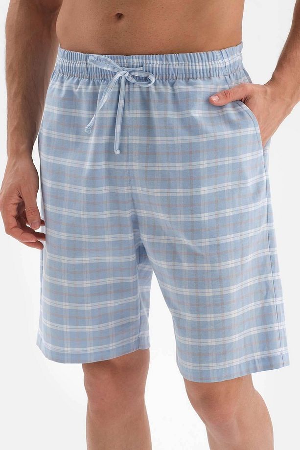 Açıkmavi Gömlek Yaka Ekose Dokuma Şortlu Pijama Takımı - 5