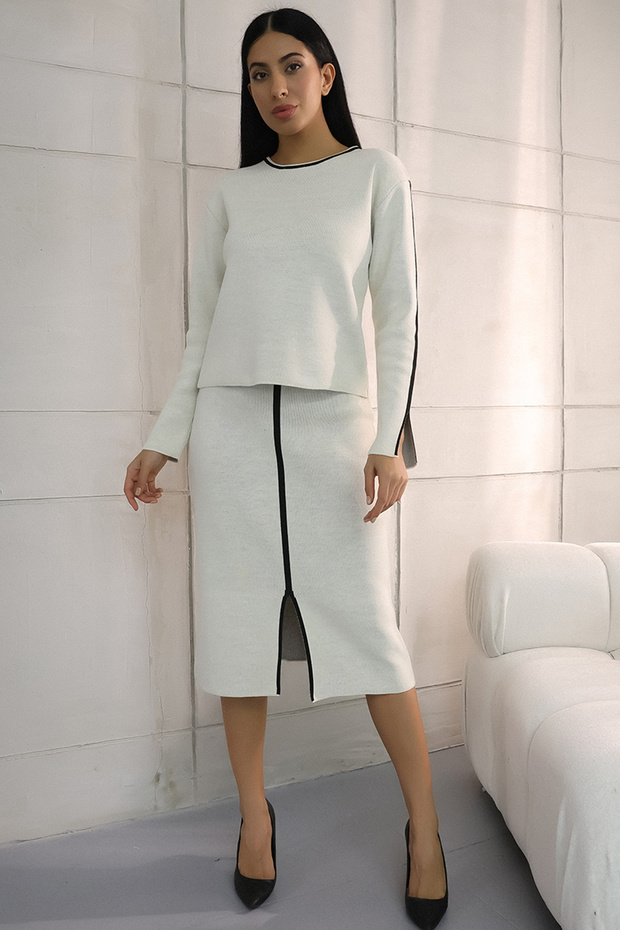 Bicycle Round Neck Long Sleeve Ankle Slit Stripe Sweater Midi Skirt Double Knitwear Set