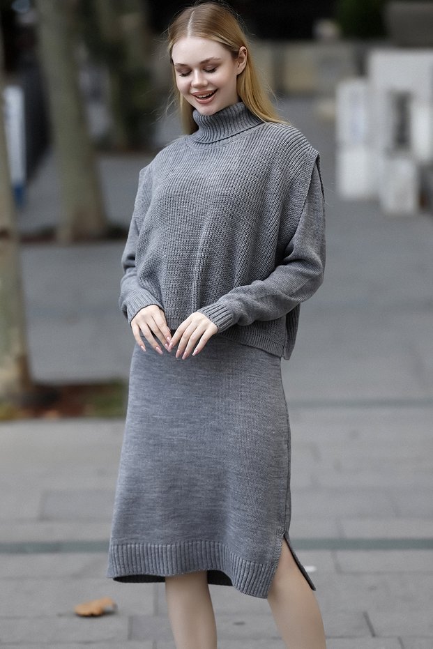 Long Sleeve Crew Neck Plain Midi Length Dress Fisherman Thessaloniki Knit Loose Cut Jumpers Two Pieces Knitwear Suit