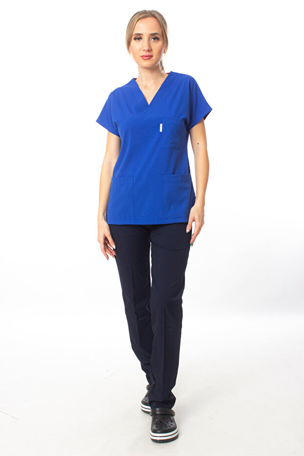 Top Cobalt Blue Bottom Navy Blue Premium Fabric Lycra Surgical Doctor Nurse Scrubs Jersey Suit