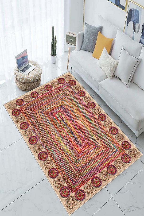 Kilim Hasır Desen Dijital Baskı Yıkanabilir Kaymaz Taban Salon Mutfak Balkon Halısı Yolluk - 2