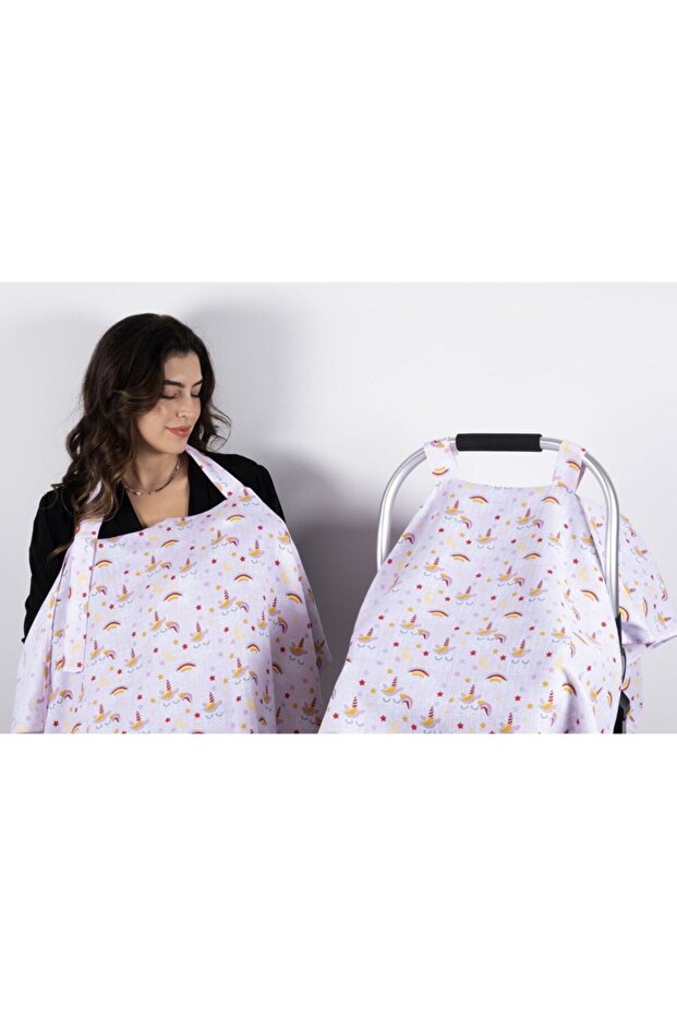 Emzirme Örtüsü Ve Puset Örtüsü 2 Li Set % 100 Pamuklu Müslin Kumaş Ünicorn Desenli - 1