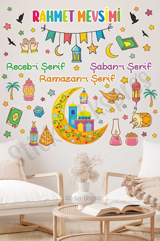 Colorful Three Months Ramadan Recep Shaban Ramadan Glass Wall Door Sticker Set