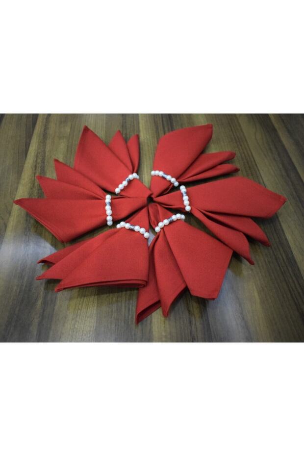6 Pieces Red Color Fabric with Pearl Rings Sevis Napkin 1st Quality Duck Linen Fabric (DERTSLESS FABRIC)