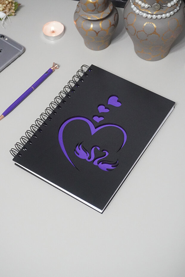 Swan Love Design Black Wooden Cover Notebook - Agenda - Diary - Unlined Notebook - Gift for Lover