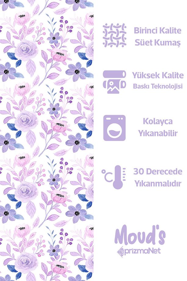 Açık Lila Çiçekler Desenli Yuvarlak Süet Dertsiz Masa Örtüsü - 2