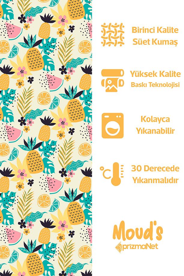 Sarı Ananas Karpuz Limon Desenli Yuvarlak Süet Dertsiz Masa Örtüsü - 2
