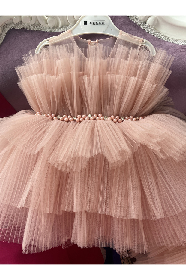 Powder pleated girl's dress birthday special occasion dress evening dress