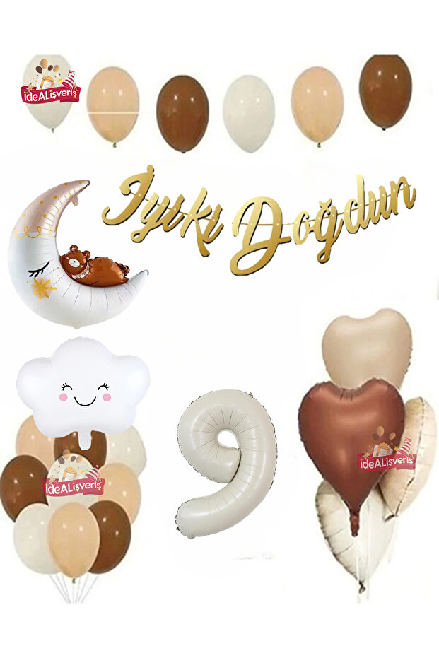 Bear-themed 9th Birthday Party Set with Cream Foil Balloons and "Happy Birthday" Text (Retro Color).