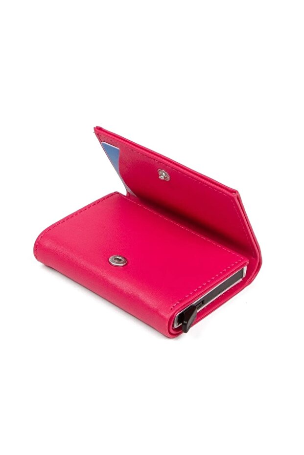 Unisex Pink Faux Leather Mechanism Automatic Slide Card Holder Wallet