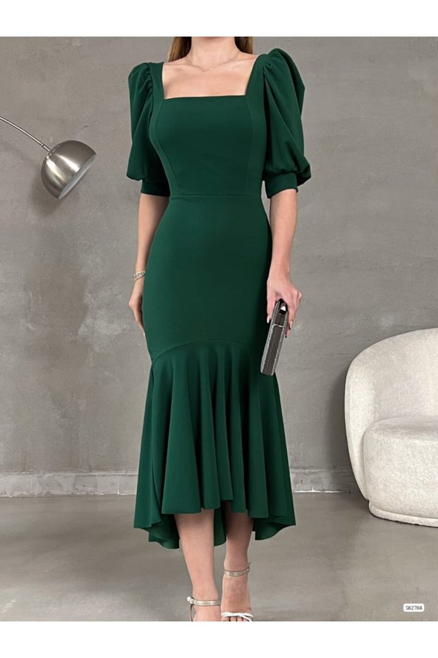 Princess Sleeve Skirt Flounce Square Neck Midi Length Crepe Fabric Evening Dress Wedding Engagement Promise Invitation