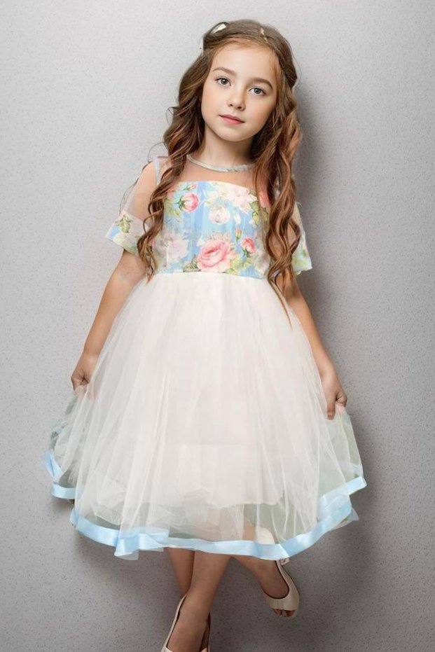 Girl's Tulle Rose Patterned Blue Dress with Ribbon Buckle and Ribbon Detail