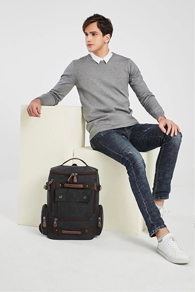 حقيبة ظهر قماشية سوداء للجنسين متعددة الأقسام - 2