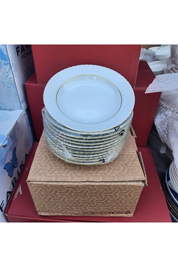 12 Pcs 19cm Porcelain Gold Gilded Pit Plate Dinner Plate