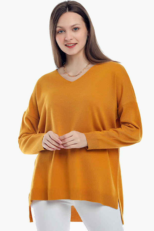 V-neck Long T Sleeve Back Long Front Short Slit Loose Cut Seasonal Basic Loose Knitwear Sweater