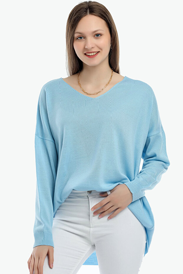 V-neck Long T Sleeve Back Long Front Short Slit Loose Cut Seasonal Basic Loose Knitwear Sweater