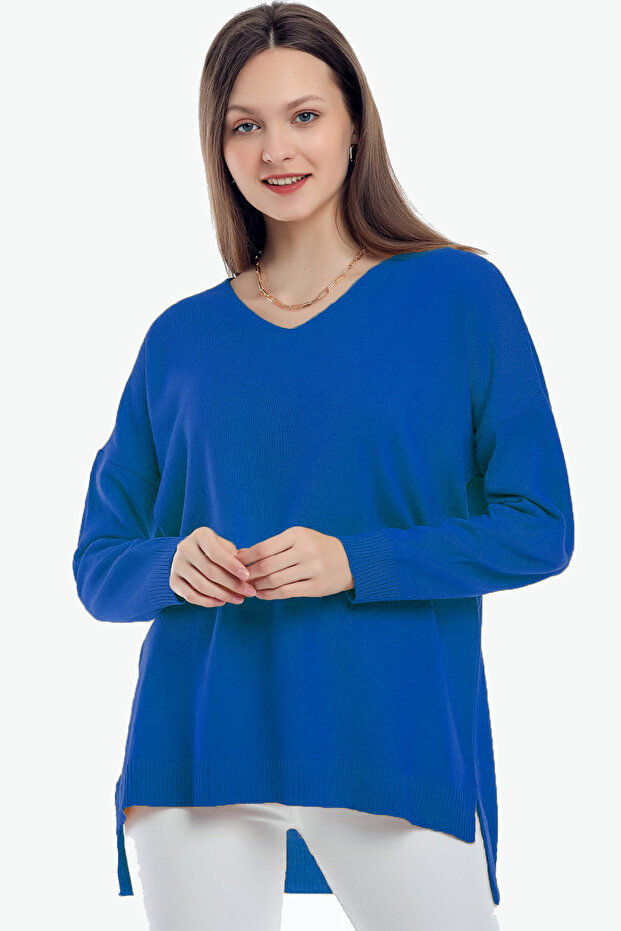 V-neck Long T Sleeve Back Long Front Short Slit Loose Cut Seasonal Basic Loose Knitwear Sweater