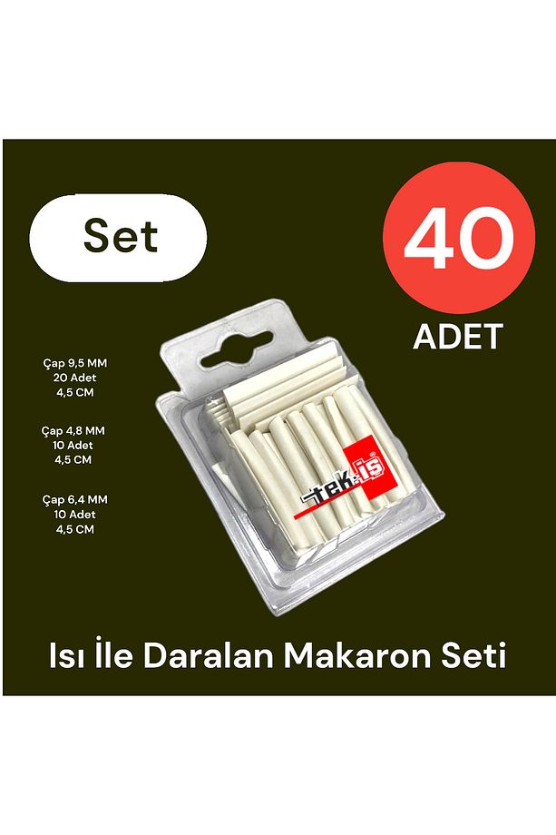 ISI İLE DARALAN MAKARON SETİ 40 ADET BEYAZ 9.5 x 20 + 6.4 x 10 + 4.8 x 10 ADET - 3