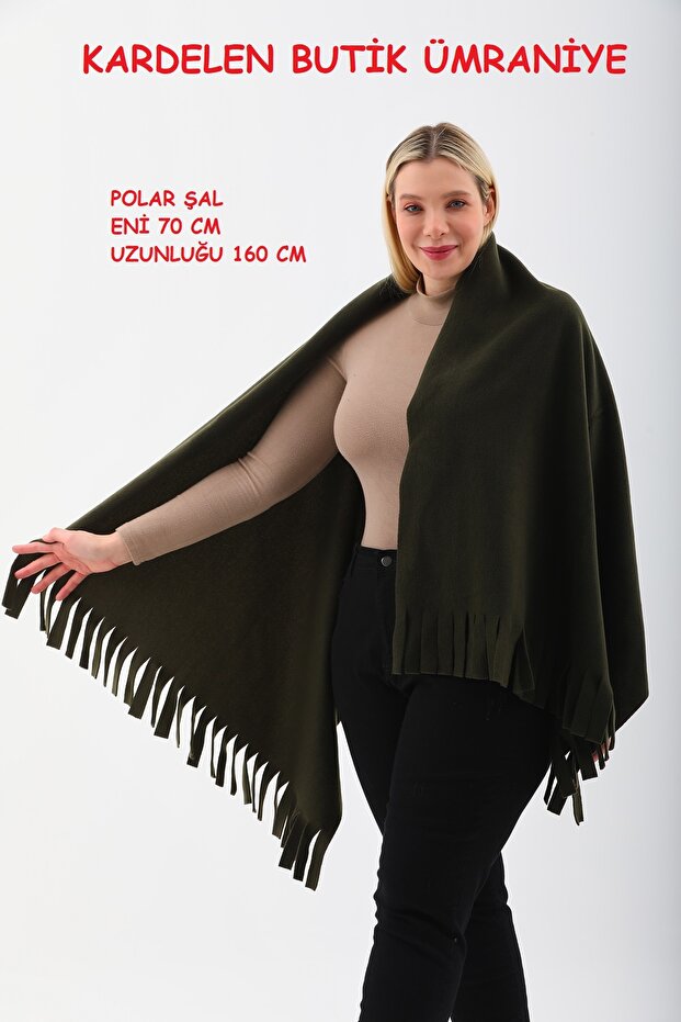 Fleece Shawl Khaki Green with Tassels