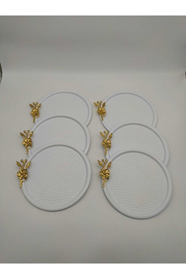 Set of 6 White Round Patterned Gold Floral Presentation Tray, Decorative Serving Tray Tea Coffee 23 Cm