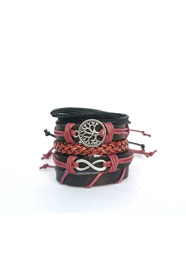 Infinity Tree of Life Figured Burgundy Black Set of 5 Leather Bracelets