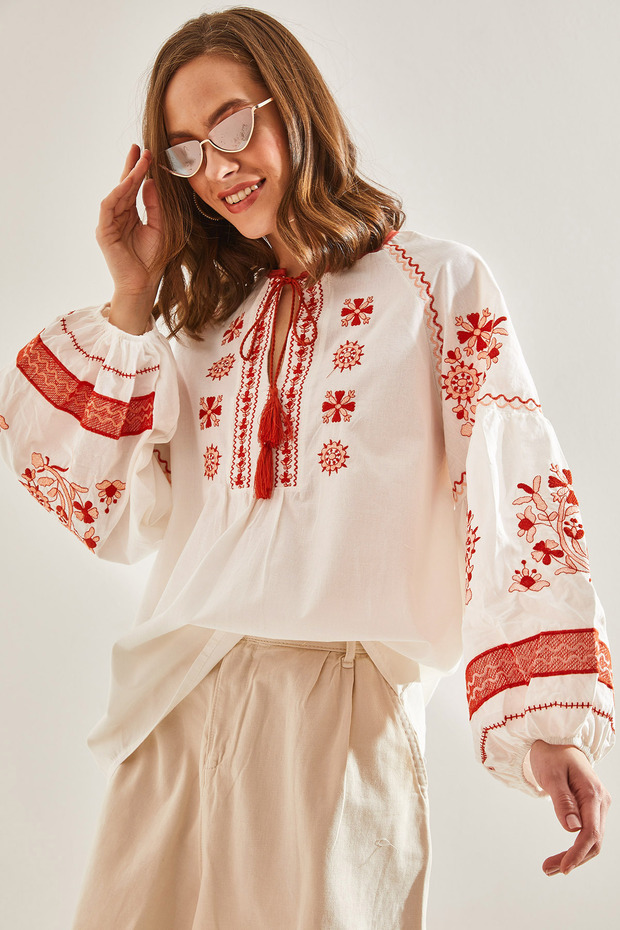 Women's Ecru Embroidered Patterned Tie-Blouse 60111006
