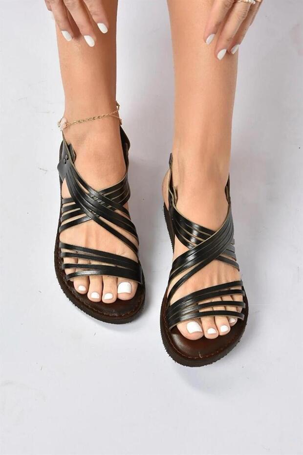 Black Genuine Leather Women's Sandals K374680503